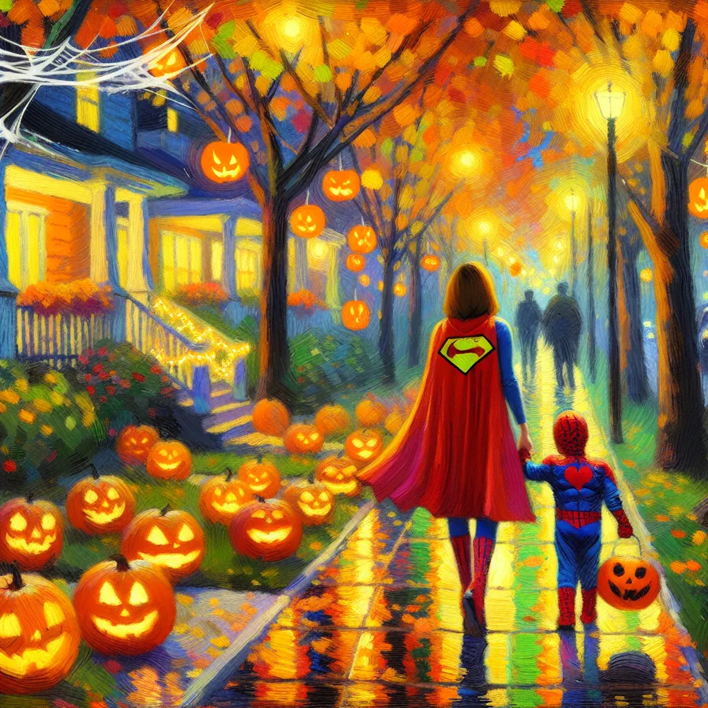 Halloween, Transformation, Costume, Superhero, Mother in the style of Monet