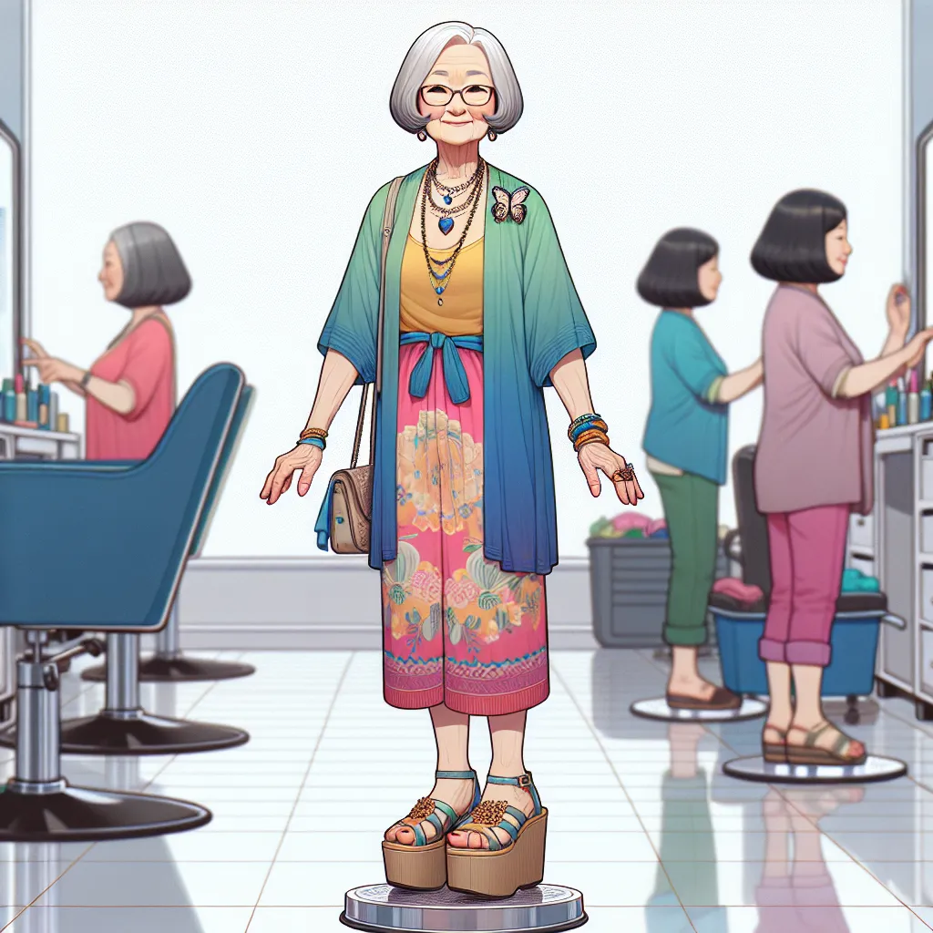 The generated image will be a depiction of Mrs. Kim, the elderly woman at the salon, standing proudly in platform sandals and wearing vibrant clothing. Her gray hair is styled in a bob with lines of gray framing her face. She is wearing jewelry, including a wedding ring, necklace, earrings, bracelet, and a butterfly-shaped brooch. Mrs. Kim is balancing gracefully on her toes, showing off her sandals, while cleaning the salon.