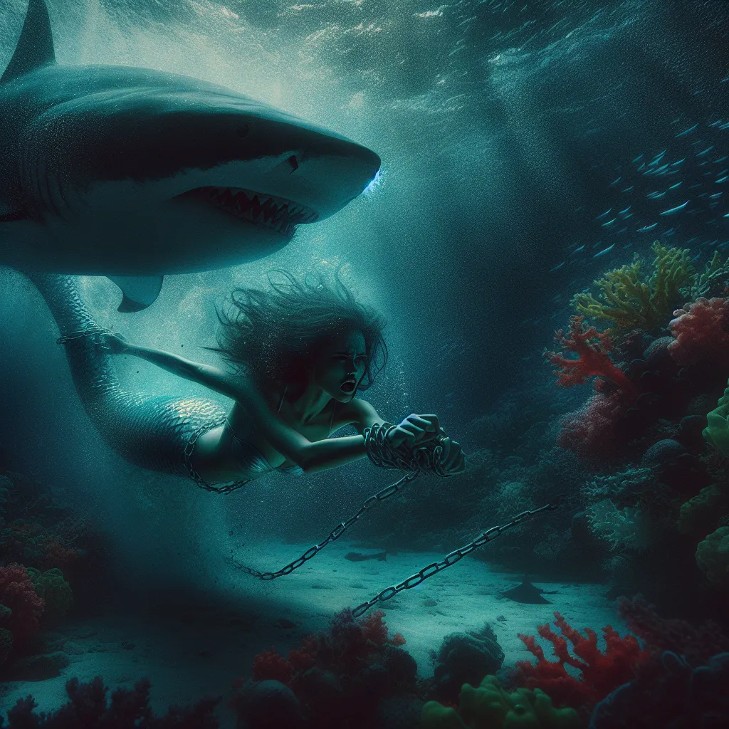 In the dim, phosphorescent light of the deep ocean, a trapped mermaid named Aelina struggles as a menacing shark circles. With a burst of strength and pain, she frees herself and races towards the safety of a colorful reef, narrowly escaping the predator's pursuit.