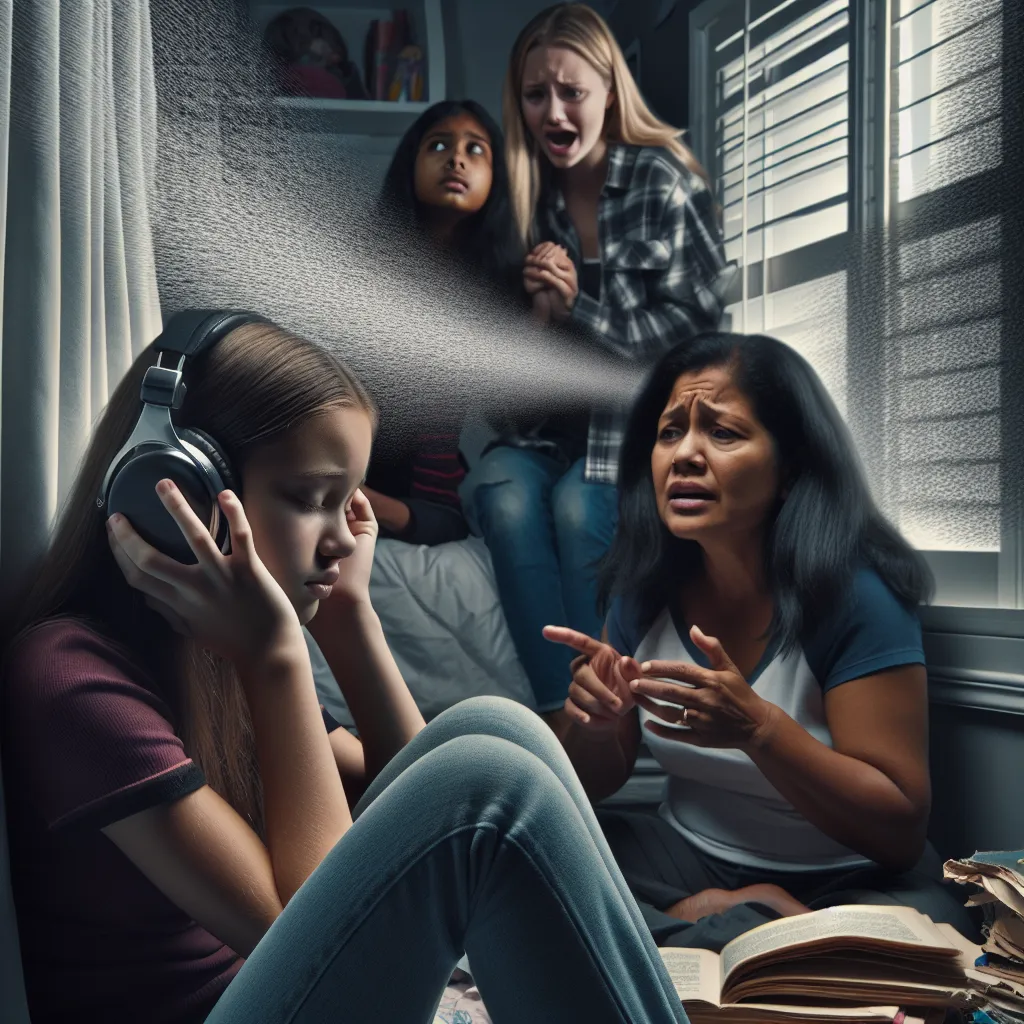 A teenage girl sits cross-legged on her bed, old headphones glued to her head, as a continuous loop of white noise plays. Her mother, filled with concern, tries to communicate with her, but the girl's focus remains on the hissing static. Outside of school, her friends try desperately to bring her back to her old self, reminiscing about shared memories and urging her to return from the world of white noise. At home, the girl's mother feels defeated, but vows to peel away the layers of the static 