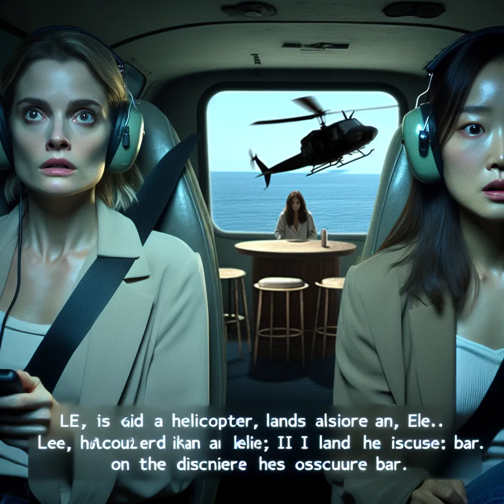A woman, Lee, is on a helicopter with Elle, unsure of their destination. They land on a desolate island, where they enter a shadowy bar. Suspense thickens as Lee senses danger and uncertainty, her instincts on high alert.