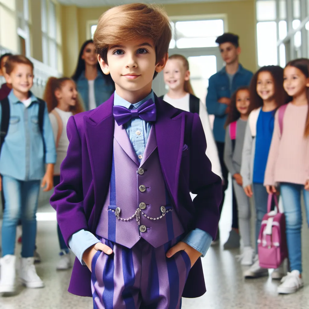 An image of a young boy named Alex, dressed as Trixie Tang from the cartoon "The Fairly Odd Parents," standing confidently in a school hallway surrounded by students.