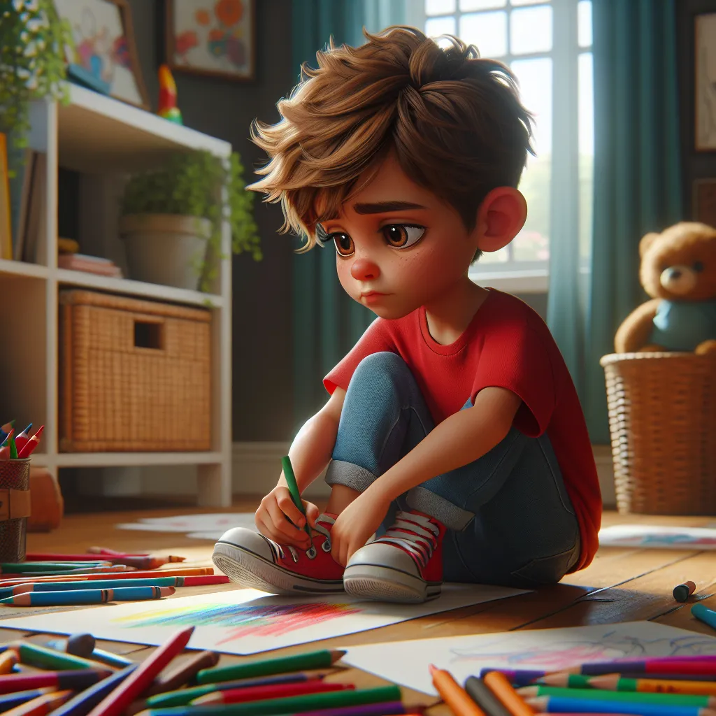 The image accompanying this story should depict a young boy named Tommy, approximately 8 years old, with sandy brown messy hair and thoughtful brown eyes. He is wearing a bright red t-shirt, blue jeans, and neon green sneakers. Tommy is alone in his bedroom, where he is drawing with crayons and paper on the floor.