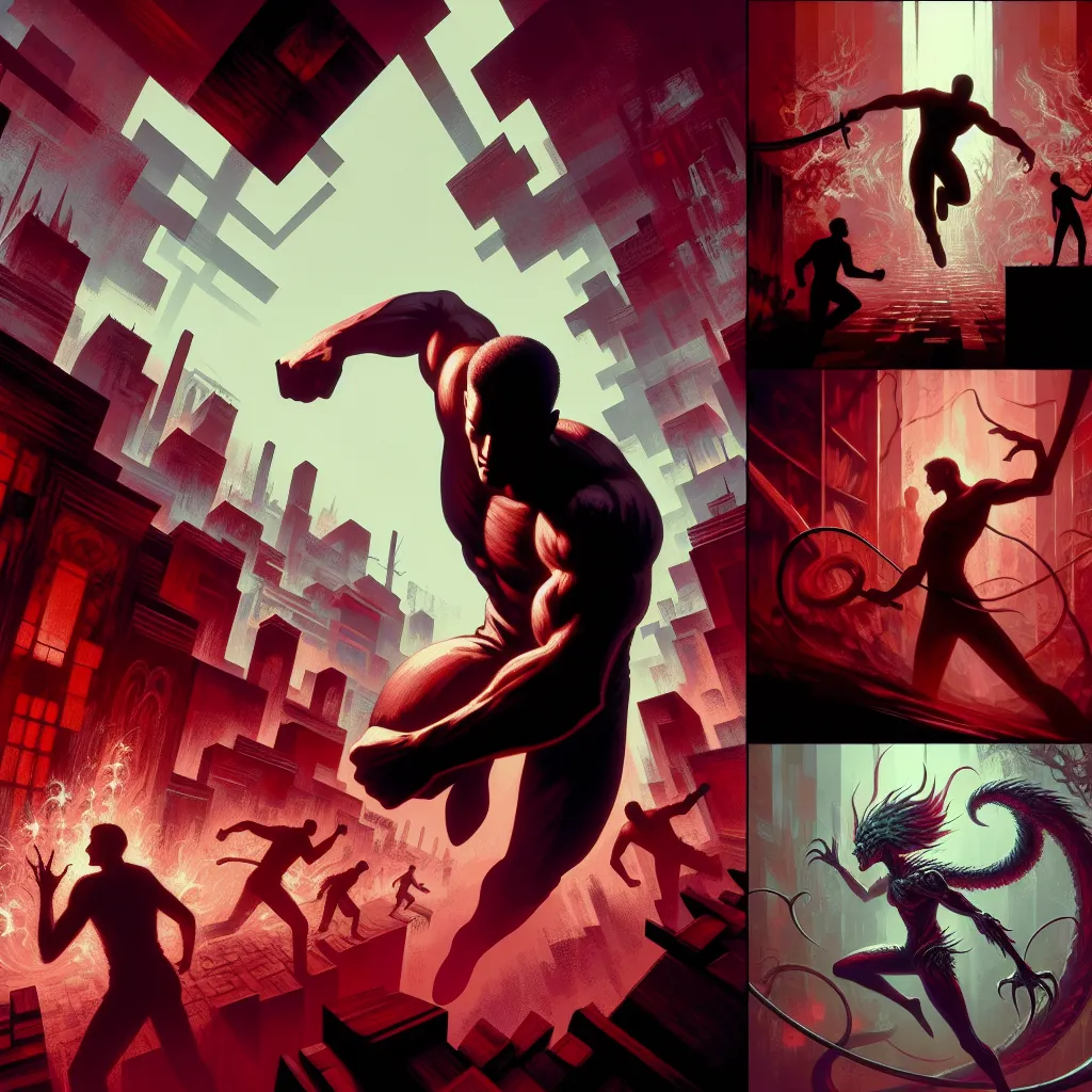 A depiction of Striker, a formidable assassin, navigating the twisted alleys of Pentagram City in pursuit of Alastor, the notorious Radio Demon. The image captures the dark and chaotic atmosphere of Hell's landscape, with Striker's muscular build and determined demeanor signifying his relentless pursuit. Shadows cast eerie silhouettes along the blood-soaked streets, as Striker maneuvers through Cannibal Town and battles a group of cannibals. The image also hints at unexpected alliances, as Strik