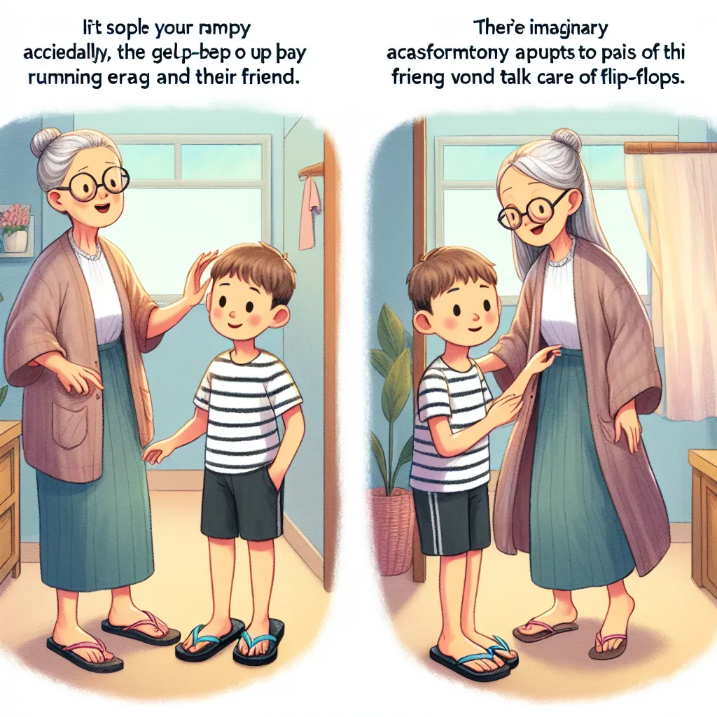 A grandmother named Margaret, a mother named Sarah, and a boy named Tyler who is visiting his friend Jasmine. Tyler accidentally puts on Rochelle's flip-flops and undergoes a transformation into an older, elegant woman named Rochelle. Rochelle goes about her day, running errands and taking care of Jasmine, with a sense of pride and love for her daughter. The story ends with Rochelle tucking Jasmine into bed and embracing her new life with grace and acceptance.