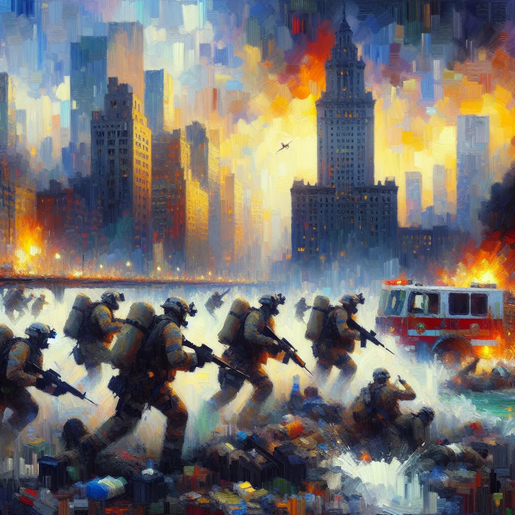 City, Agents, Rescue, Battle, Heroism in the style of Monet