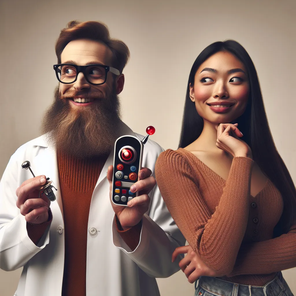 An image depicting a mad scientist holding a remote-like device with a flashing red button, while his incredibly hot girlfriend looks at him with an amused expression. The image captures the sense of humor and mischief as they embark on a journey of personality transformations.