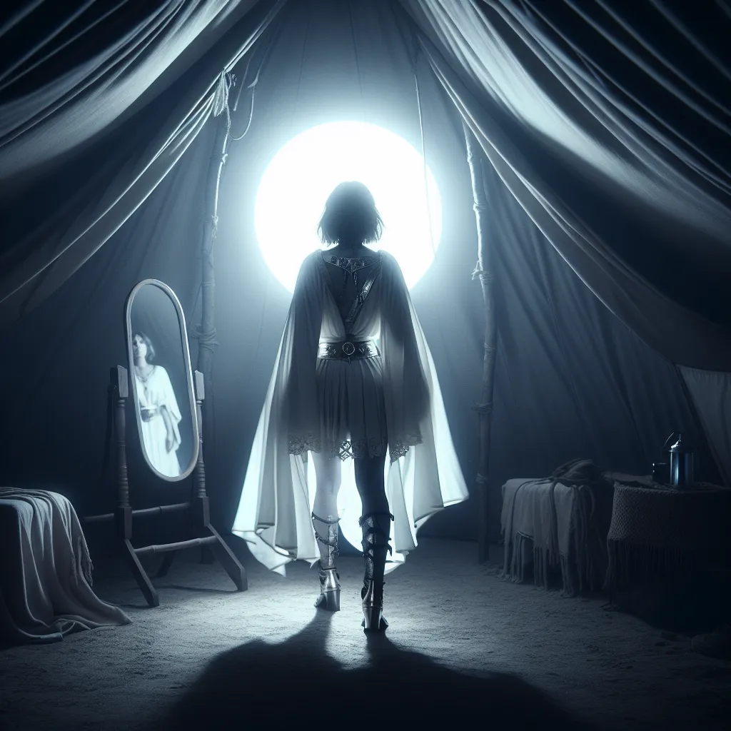 In the moonlit solitude of a tent, Alm embraces their true self, donning delicate priestess garments and relishing in their authenticity. The image could depict Alm dressed in a short skirt, cropped top, and boots, adorned with Celica's armor and cape, standing proudly in front of a mirror as a symbol of self-discovery and freedom.