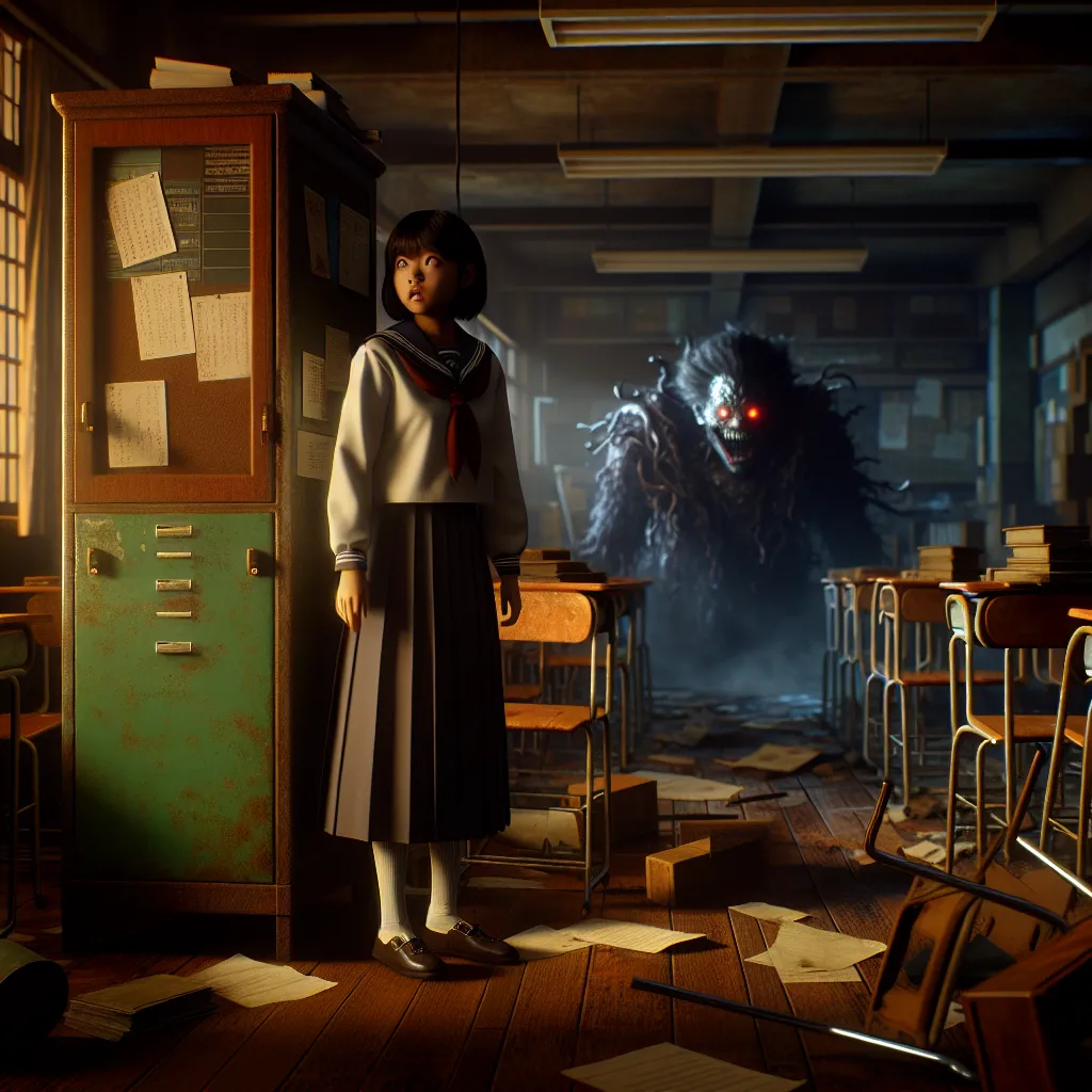 A young boy named Caleb mysteriously awakens in the body of an 18-year-old Japanese girl named Aoi. Dressed in a Japanese school uniform, she navigates a haunting school scene, facing a monstrous presence. The image captures Aoi, visibly shaken, hiding behind a cabinet in a dark, eerie classroom as the monstrous entity prowls nearby.