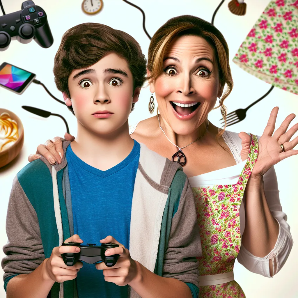 Description: The image depicts two people, a teenage boy and his mom, standing side by side with switched bodies. The boy, now in his mom's body, looks bewildered and embarrassed, while the mom, now in her son's body, wears a mischievous grin. They are surrounded by objects representing their respective personalities, such as a gaming console and a floral-patterned apron.