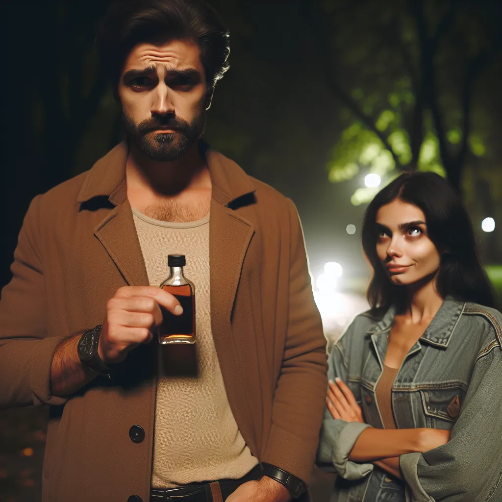 The image accompanying the story titled "The Magic Exchange: Swapping Lives in Bogotá" depicts a man and a woman standing in a park at night. The man is holding a small bottle and wearing a skeptical expression, while the woman looks amused.