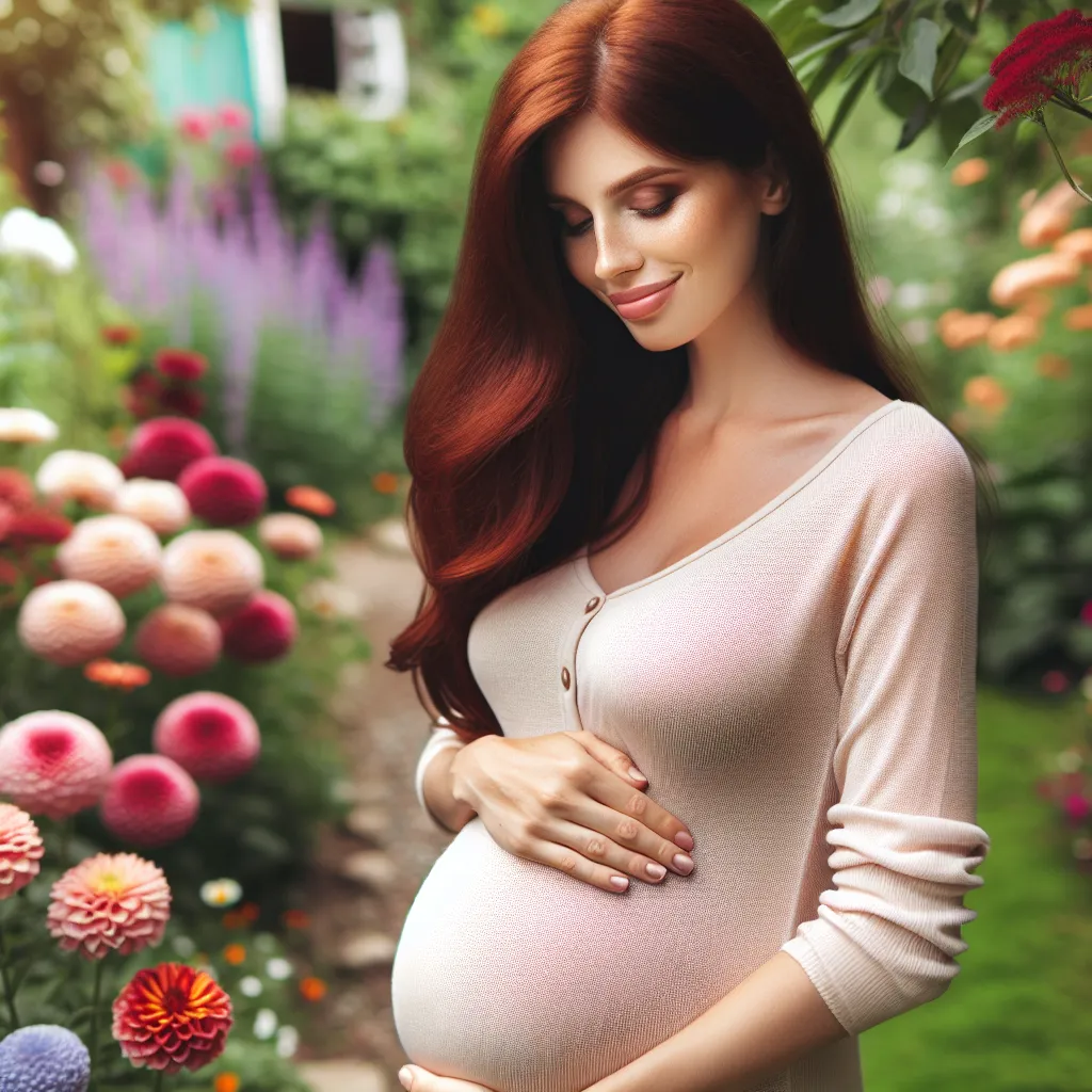 A pregnant woman with dark red hair and a serene smile caresses her baby bump as she stands in a vibrant garden, surrounded by flowers.