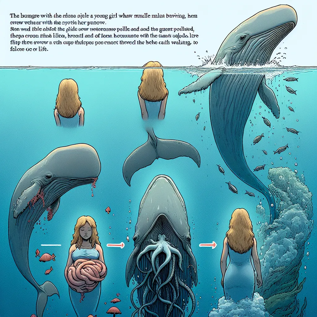 A blonde-haired girl transforms into a young female sperm whale, navigating the ocean with her newfound tail. But her serenity is disrupted by toxic pollution and a violent encounter with a giant squid. She perseveres, finding a mate and giving birth to a calf, only to face the imminent threat of whaling ships. In a tragic conclusion, she succumbs to the harpoons, leaving behind a poignant reflection on the cycle of life and the fragility of existence in the ocean.