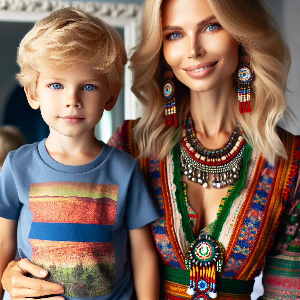 An image of a 7-year-old boy and his mom, both with blonde hair and blue eyes, standing together in front of a mirror. The boy is wearing a t-shirt and jeans, while the mom is dressed in a vibrant traditional dress with beaded flip flops and traditional jewelry.