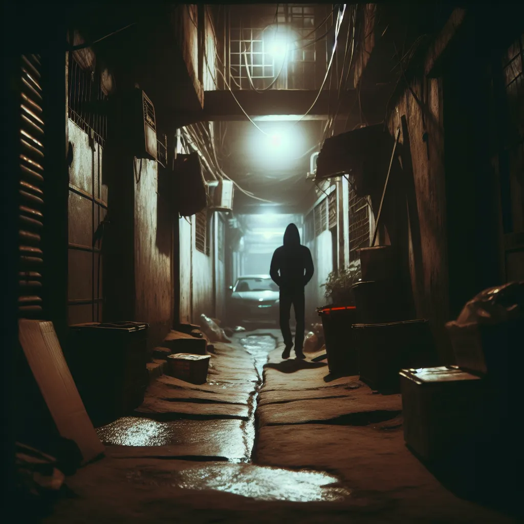 Gloomy alleyway with a mysterious figure standing in the shadows.