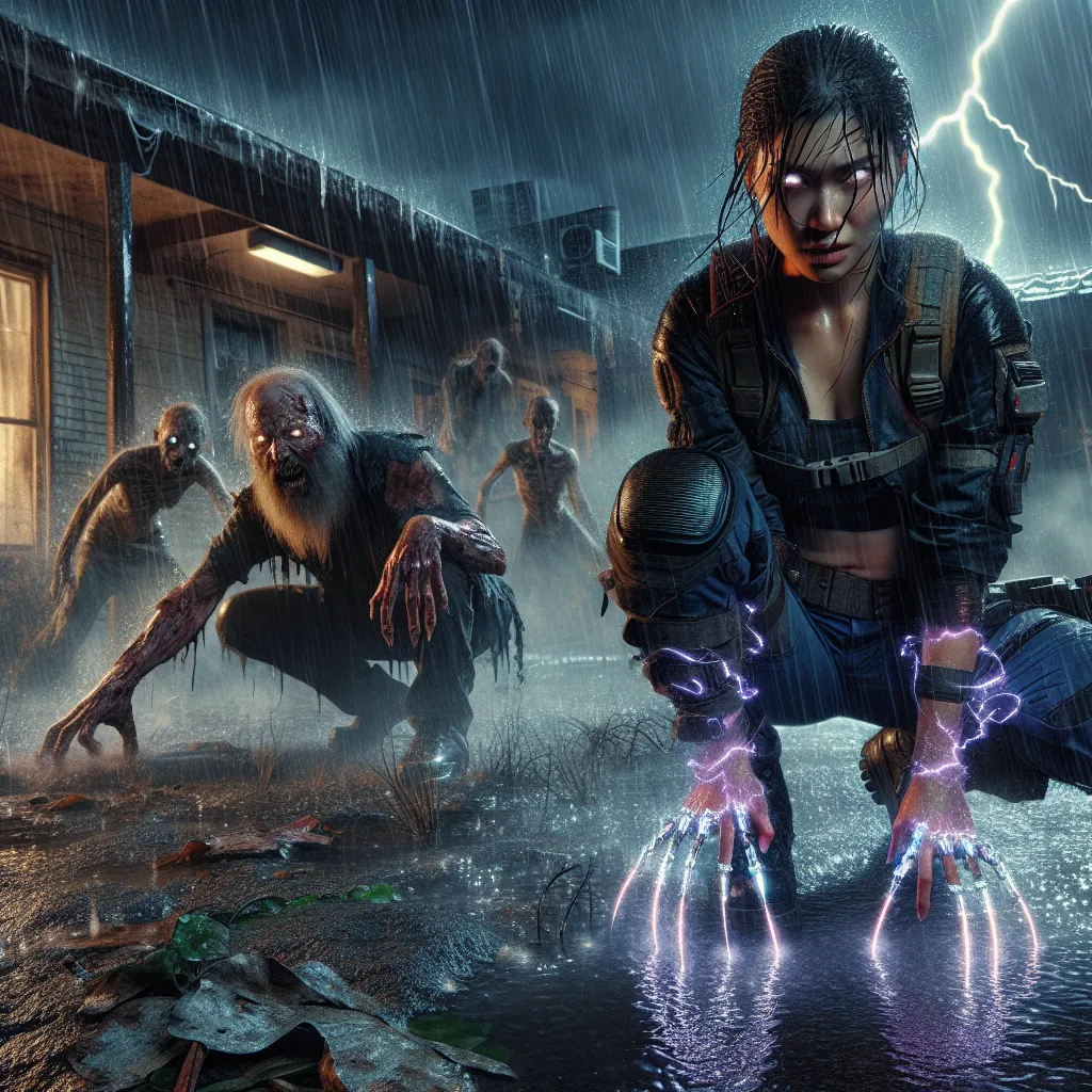 A rain-soaked, dilapidated motel at night, lightning flashing through a stormy sky. In the foreground, a fierce woman with extended metallic claws crouches in a defensive stance, eyes sharp and focused. Beside her, a man with glowing, purple kinetic energy flickering from his hands readies to attack. Around them, grotesque zombies with decaying flesh and twisted limbs stagger forward through muddy puddles, silhouetted against the flashing lightning. The scene is tense, charged with impending vio