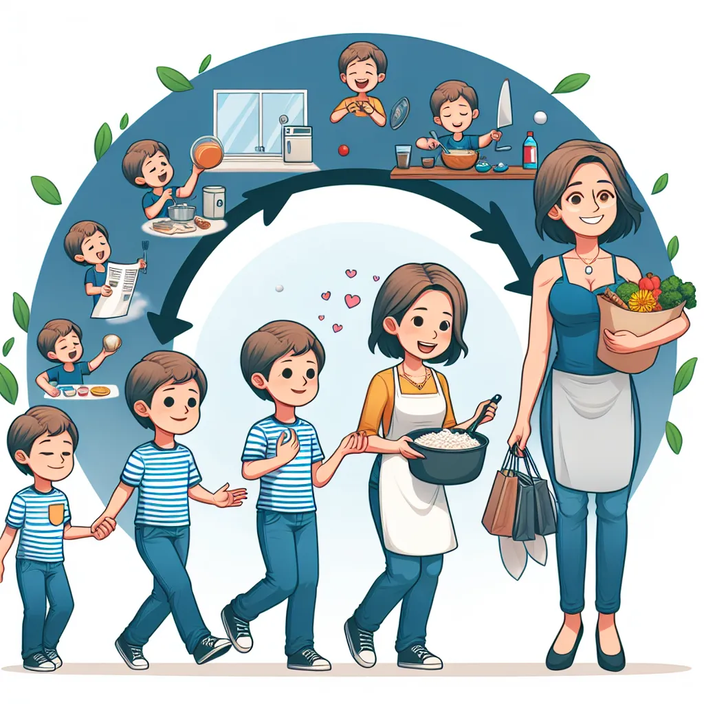 A young boy named Timmy transforms into his best friend's mom, Yolanda Lopez, amidst a chain of events, embodying her identity, traits, and life with her son, Mateo. The image depicts the final scene of Yolanda happily cooking, shopping, and bonding with Mateo, showcasing her in her element as a caring mother figure.