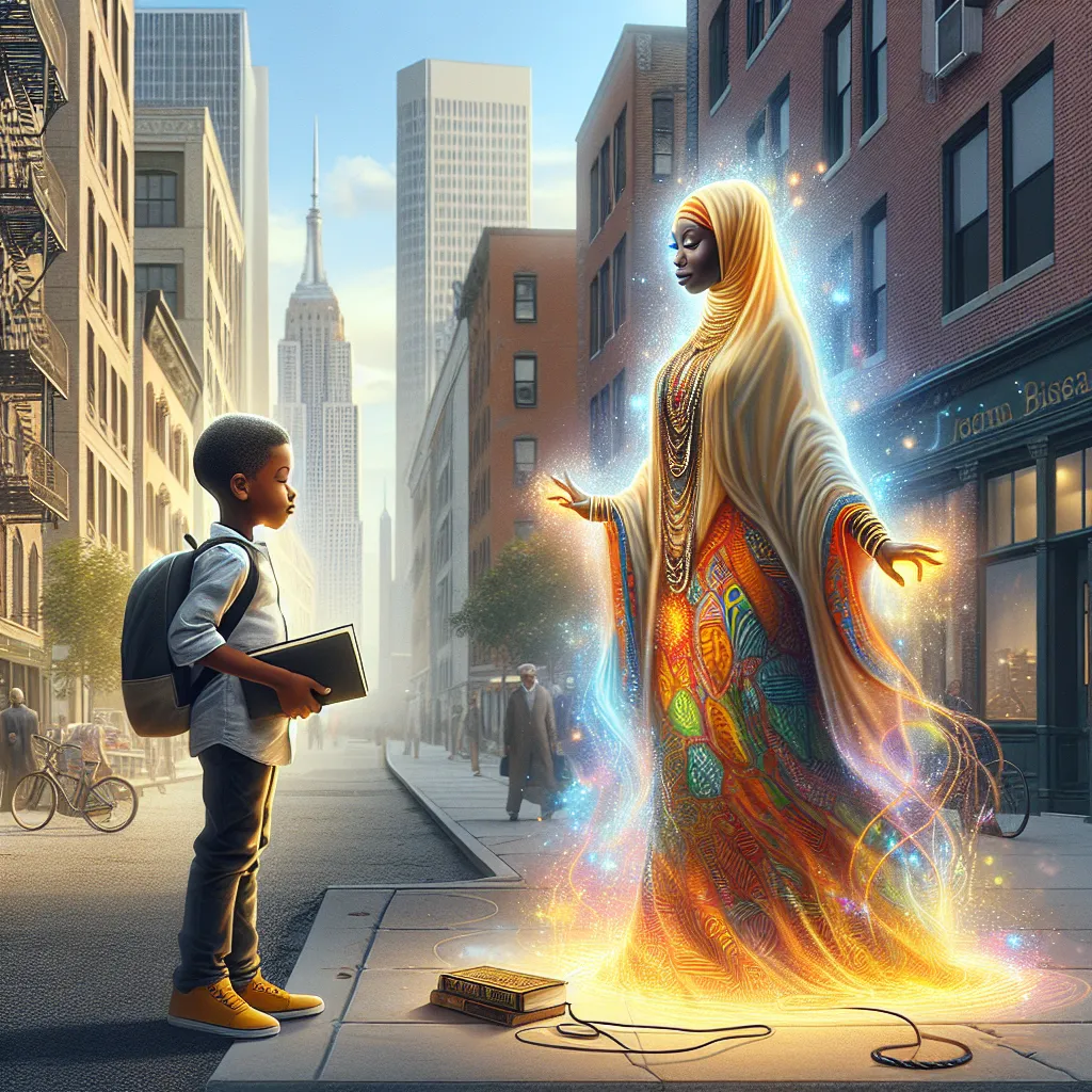 A detailed story about a young boy named Jeremy who transforms into a proud Malian woman named Fatou Samaké after encountering mysterious items on a sidewalk. Fatou embraces her new identity, faith, and cultural background, interacting with others and expressing her beliefs on modesty and respect. The accompanying image should capture the transformative moment of Jeremy becoming Fatou, exuding strength, dignity, and cultural pride as a devout Muslim woman in America.