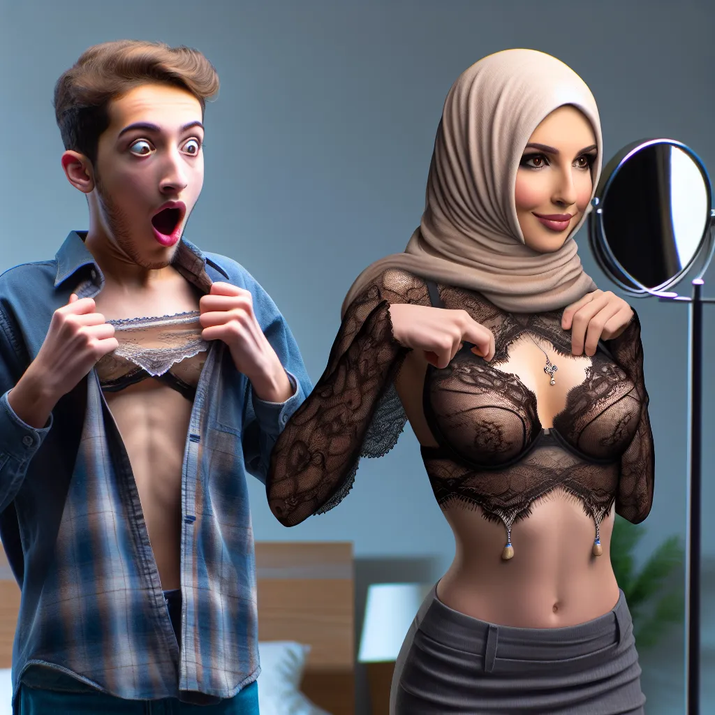 This image could depict a transformation scene, showing a young boy named Johnny turning into an older woman named Sofia. Johnny is seen in the foreground, looking surprised and scared, while his appearance gradually changes into that of Sofia. The image could also feature Sofia's reflection in a mirror, showing her satisfied and confident after getting dressed and accessorized.