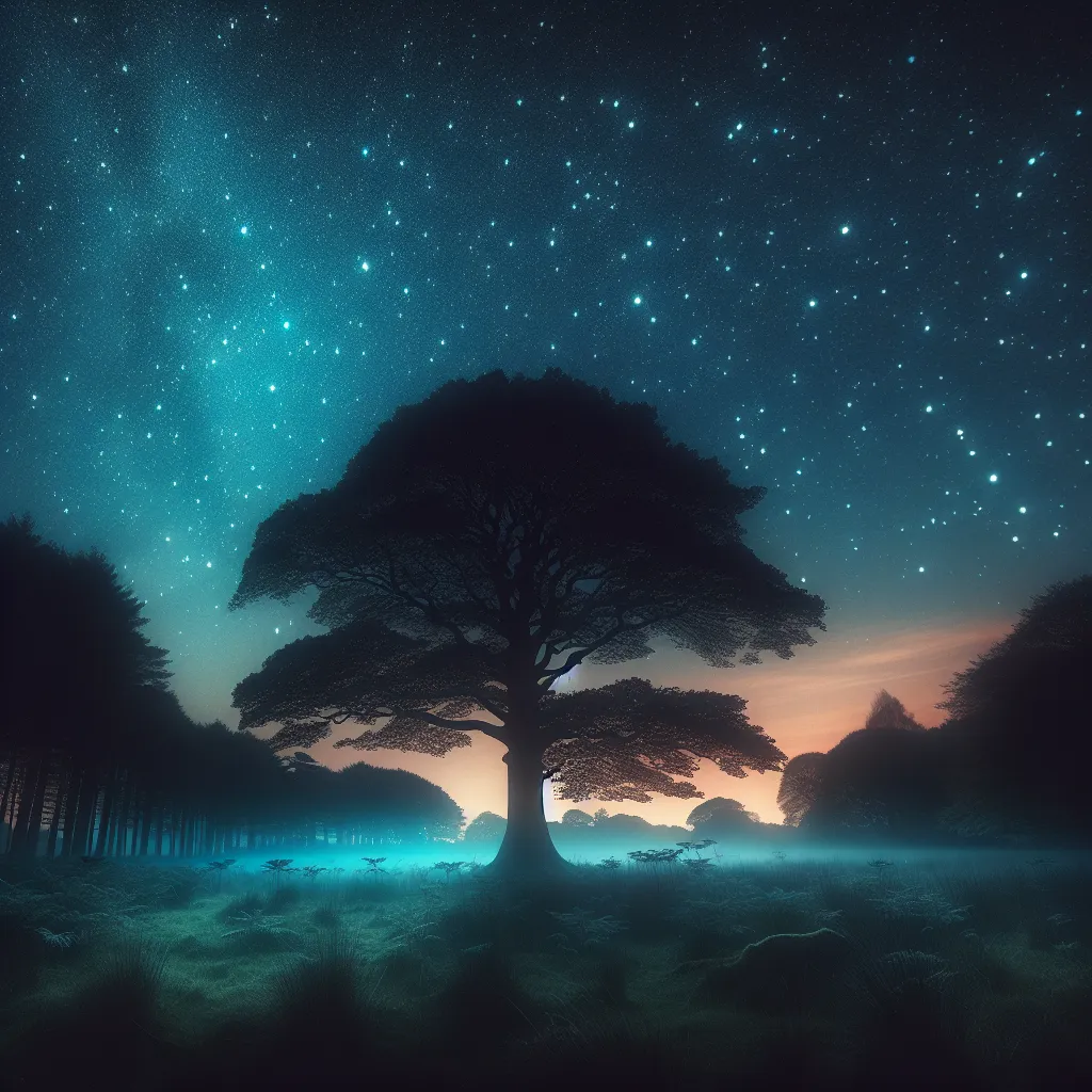 A mesmerizing starry night sky illuminating a peaceful woodland clearing with a single majestic tree standing tall.