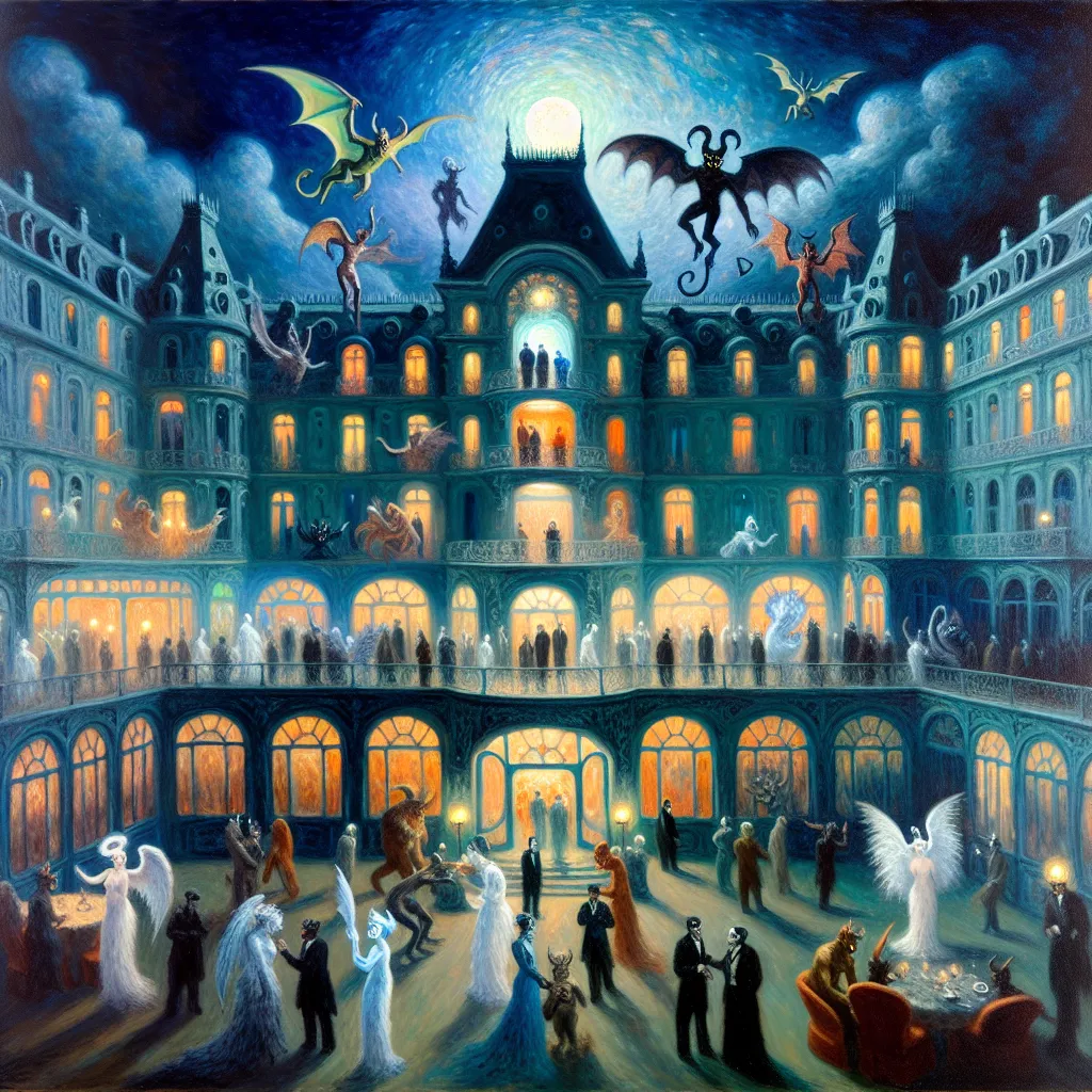 Fantasy, Transformation, Demon, Hotel, Nightmare in the style of Monet