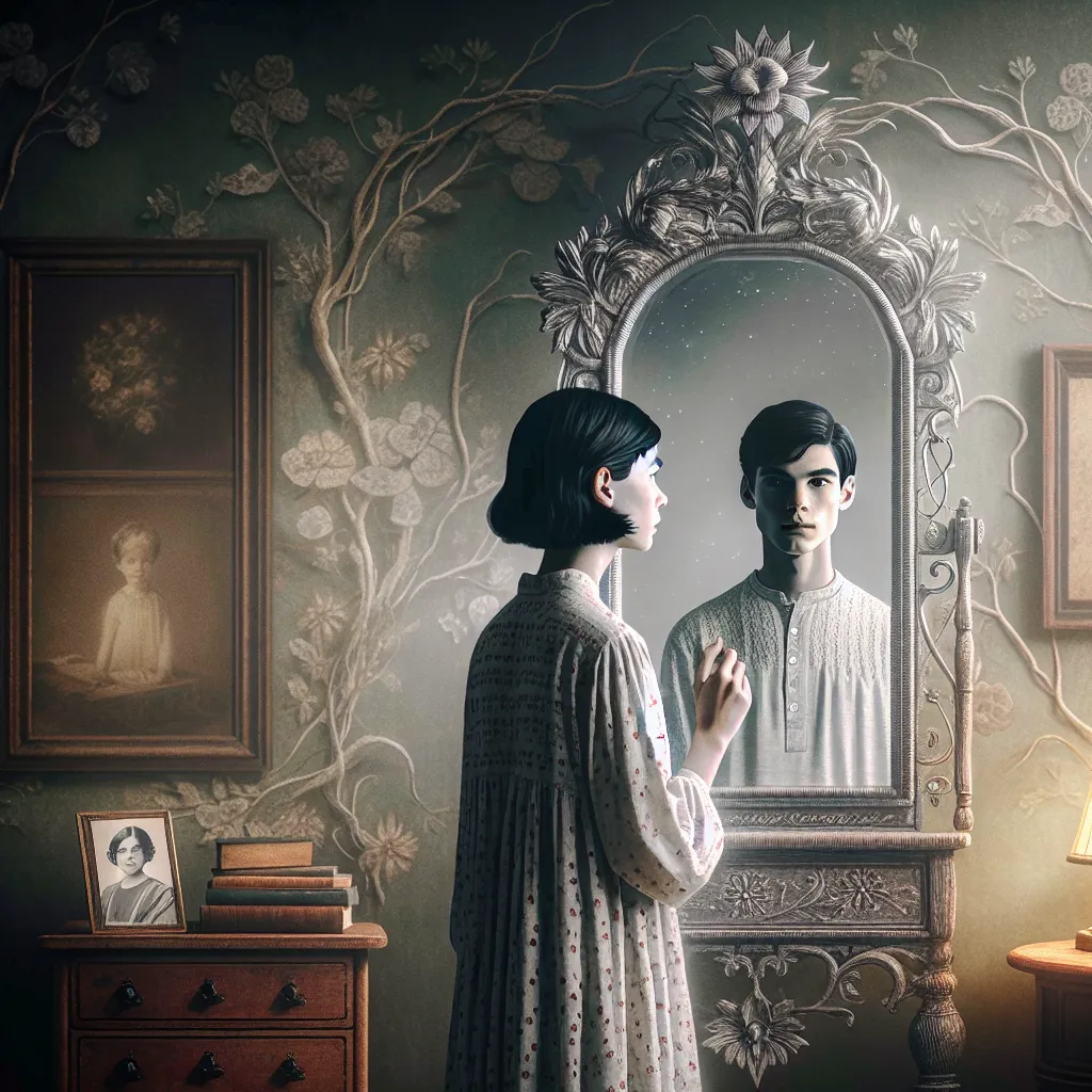 A story of a boy named Henry Alan Parker who mysteriously finds himself trapped in the body of a woman named Victoria Graves. As Henry navigates his new life as Victoria, memories of his previous life with his mother and grandmother linger, shaping his actions and emotions. In quiet moments, he whispers his longing for them, carrying both pain and hope within. The image captures Henry/Victoria standing in front of a mirror, embodying the dual identities that define his existence.