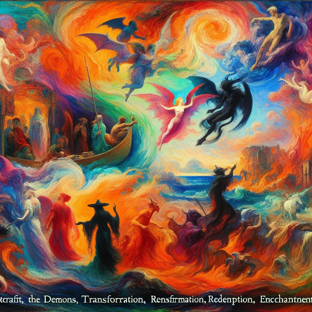 Witchcraft, Demons, Transformation, Redemption, Enchantment in the style of Monet