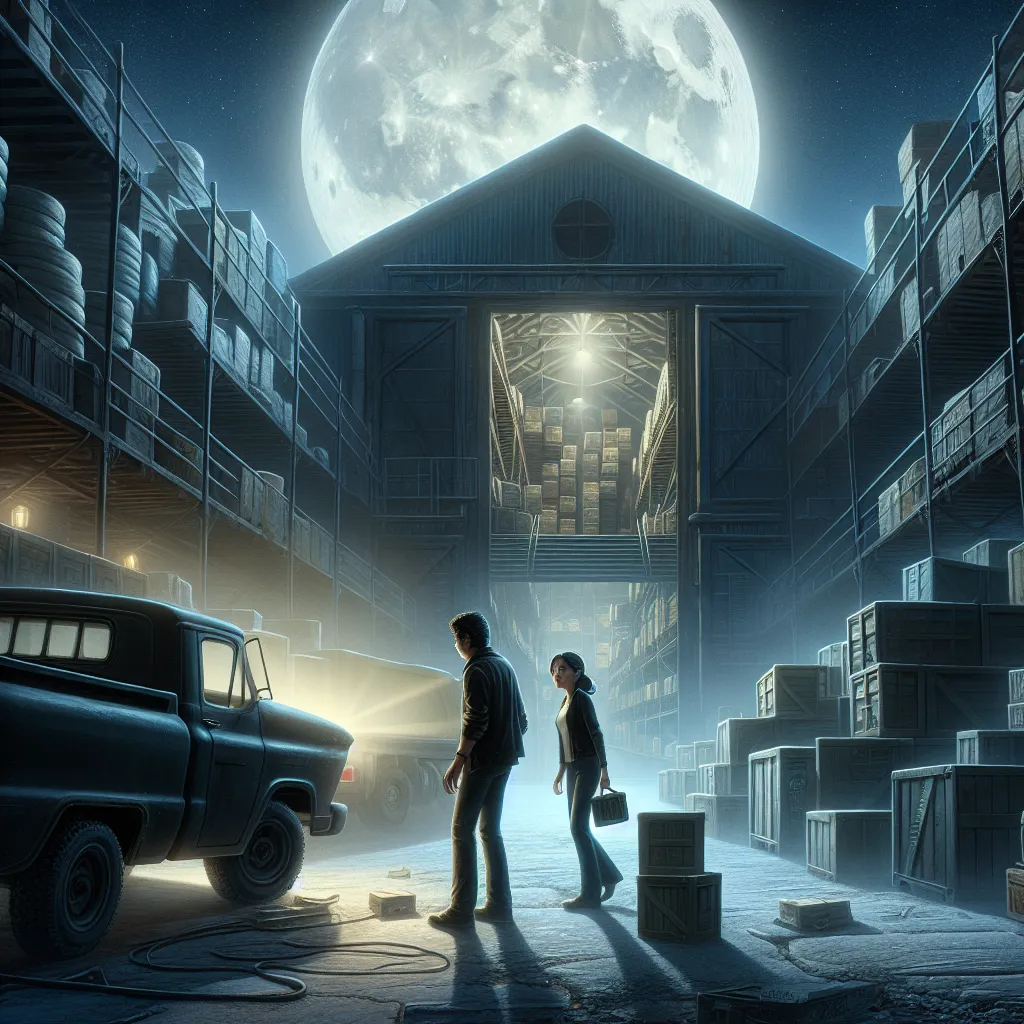 A full moon casts a milky glow over a derelict warehouse. Gabe and Erica stand outside, uncertain and uneasy. They enter the warehouse, navigating through a labyrinth of old machinery and crates. As they approach a dimly lit alcove, they discover a small, shimmering orb emitting a mysterious hum. Gabe cautiously picks up the orb, triggering a cataclysmic event that causes the warehouse to collapse. They narrowly escape with the orb and speed away in their truck, contemplating the unknown danger 