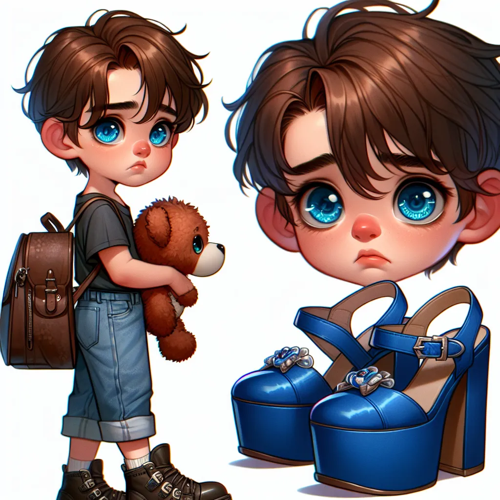 The image that will accompany this story is of a young boy named Jackson Phillips clutching a stuffed animal. He has chestnut brown hair styled in a messy mop and sparkling blue eyes. Jackson is wearing a shirt and jeans, with sturdy but well-worn shoes. There is a sense of nervousness on his face as he walks down unfamiliar streets, ultimately finding a pair of bright blue platform sandals with shiny silver buckles and a sleek leather purse of the same color. Jackson hesitates before picking th