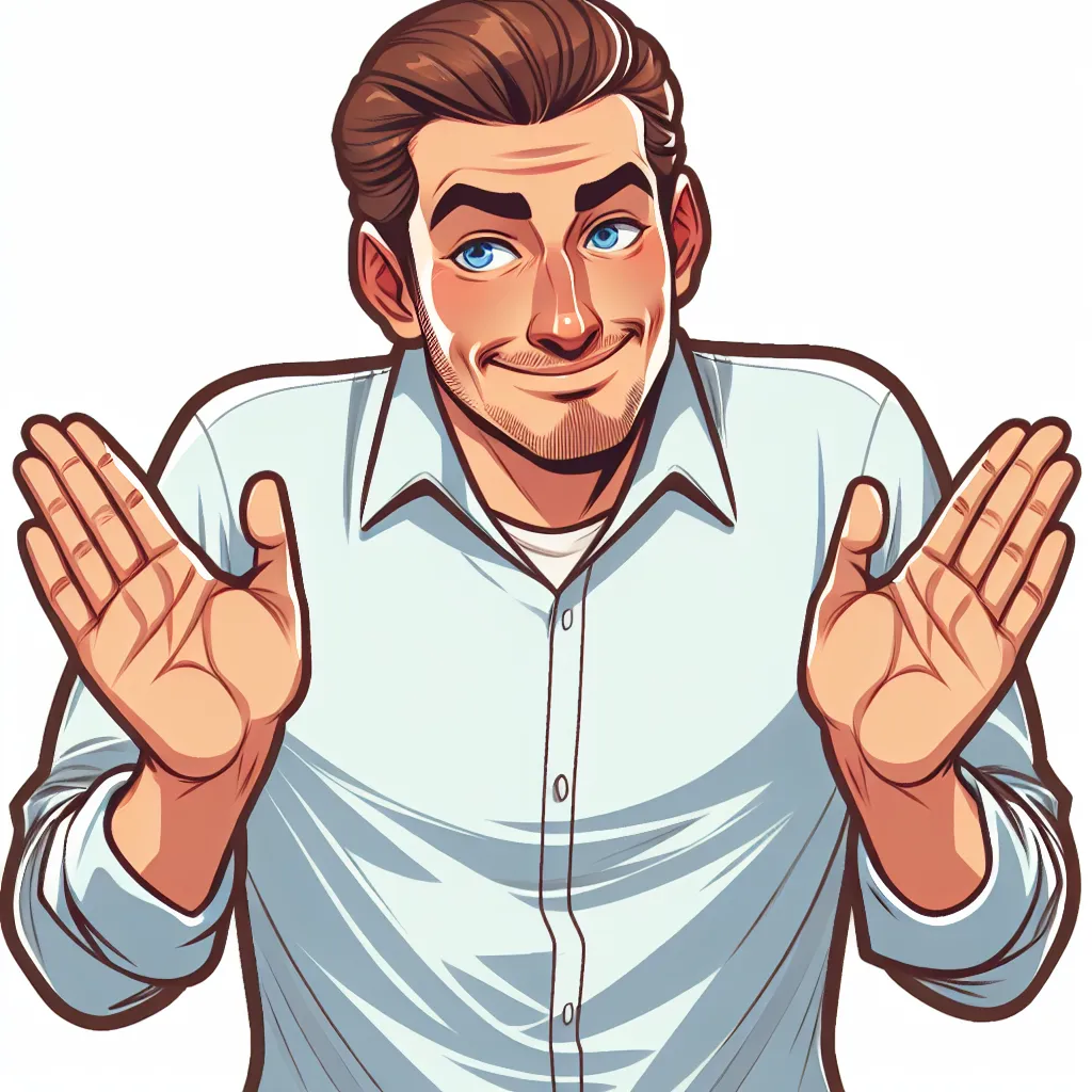 Image Description: A humorous illustration depicting a person with a mischievous smile, holding up their hands in a gesture of apology, hinting at a situation full of comedy and amusement.