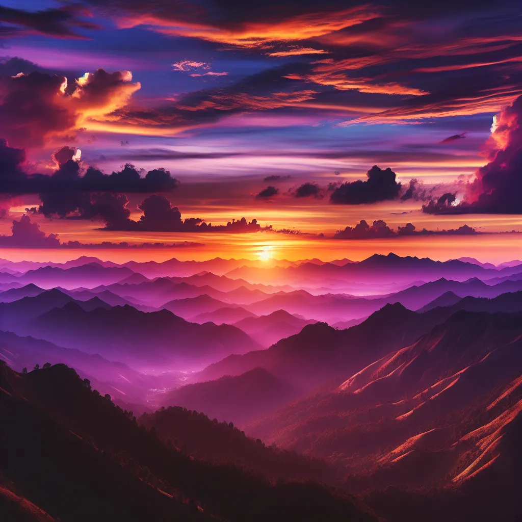 A serene sunset over a picturesque mountain range, casting stunning hues of orange and purple across the sky.