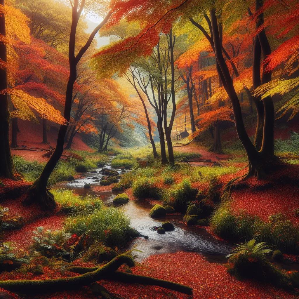 A serene landscape showcasing the beauty of an autumn forest, with colorful leaves adorning the trees and a gentle stream flowing through the scene.