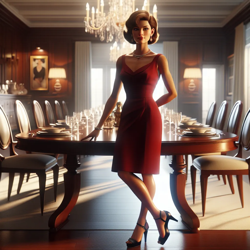The image portrays a young boy named Oliver, now transformed into an elegant woman named Veronica West. Veronica, confidently poised in a red cocktail dress and black platform sandals, prepares for a special dinner as memories of her past and present intertwine.