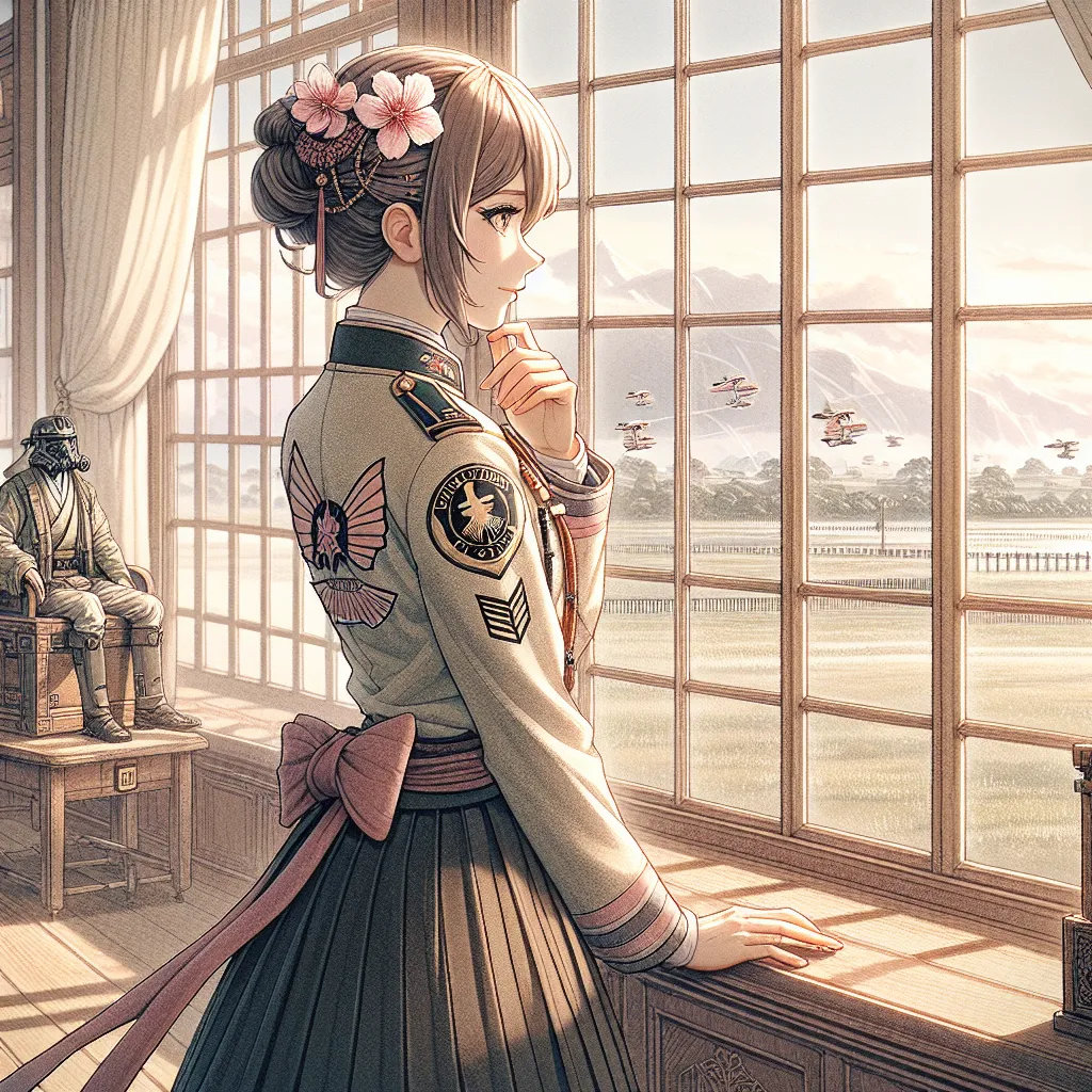 A historical fiction story titled "Becoming Yoshika: The Secret War of Trevor Maloney" follows Air Chief Marshal Trevor Maloney's transformation after swapping bodies with Fuso healer Witch, Yoshika, using a mind-exchange device. As Maloney navigates life in Yoshika's body, embracing her femininity and forging unexpected relationships within the 501st Joint Fighter Wing, he finds solace and acceptance in his altered identity. The image captures a moment of contemplation as Maloney, now Yoshika,