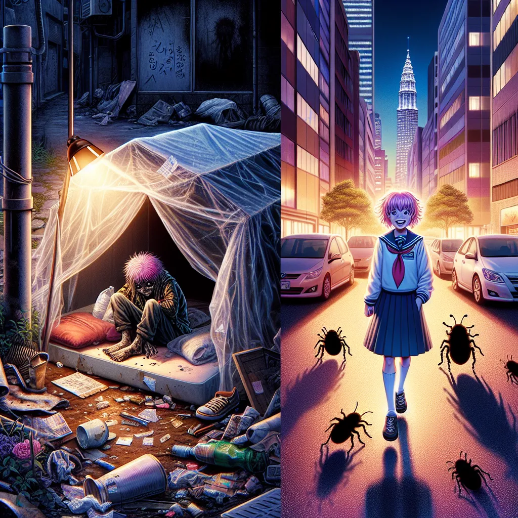 A haunting nighttime scene at the edge of a city: a ragged tent patched with plastic and duct tape sits between dumpsters under dim streetlights. Inside, a hollow-eyed girl with tangled pink hair and tattered clothes huddles on a filthy mattress, surrounded by crawling, black insects. Outside, a confident, smiling pink-haired schoolgirl walks into warm sunlight along a clean city street, oblivious to the shadowed despair left behind. The atmosphere is tense and eerie, blending a grim urban reali