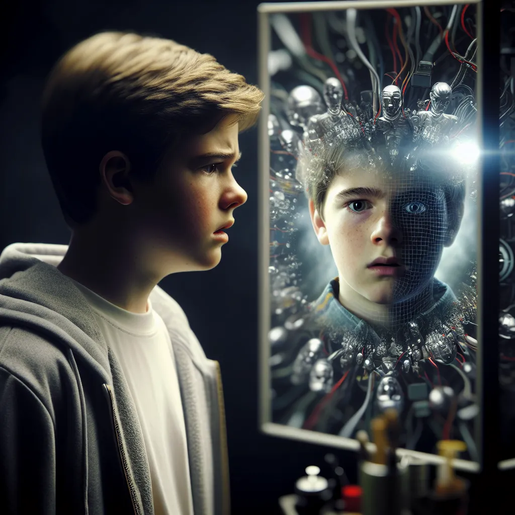 This image will depict a young person, Kamijou Touma, facing a mirror, visibly distressed by the reflection of a girl that does not match his own identity. The focus will be on Touma's internal struggle as he is forced to live in the body and persona of Misaka Mikoto, highlighting the tension between his true self and the façade he is made to uphold by a controlling antagonist. The atmosphere will convey a sense of psychological horror and resilience in the face of manipulation and deceit.