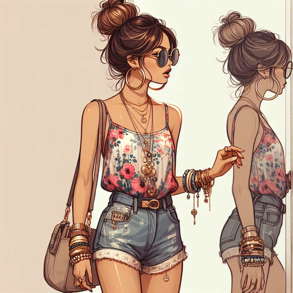 A woman with a bun hairstyle wearing a floral tank top, denim shorts, and beaded flip flops. She has hoop earrings, a gold necklace, bangles, and a charm bracelet. She is carrying a purse and wearing oversized sunglasses. She is standing in front of a mirror, adjusting her appearance.