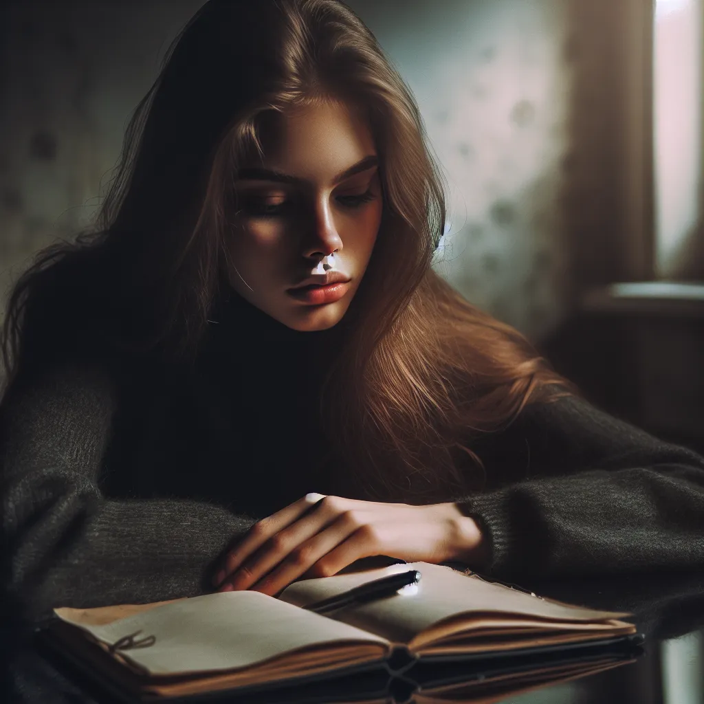 The image depicts a young woman, Riley, sitting at a desk with a journal open in front of her. She appears deep in thought, her face reflecting a mix of contemplation and indifference. The atmosphere is somber, with muted colors and soft lighting, conveying a sense of ennui and introspection.