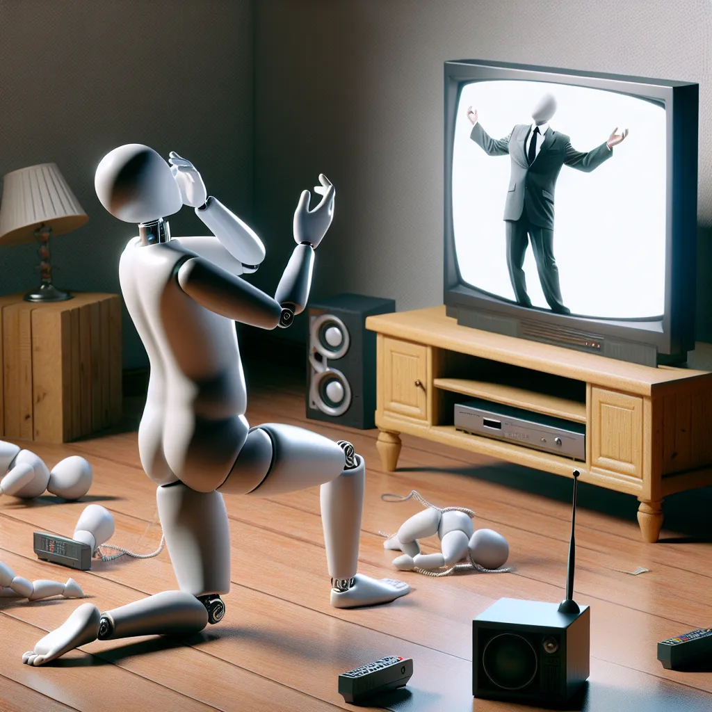 A headless man with a body performing actions autonomously in a room while watching a movie.