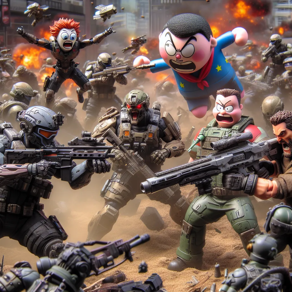 An action-packed, gory battle scene reminiscent of *Helluva Boss* and Destiny 2, featuring intense combat between Destiny-style super-soldiers, Helluva Boss characters like Loona, and banter-filled insults, set in a chaotic battlefield.