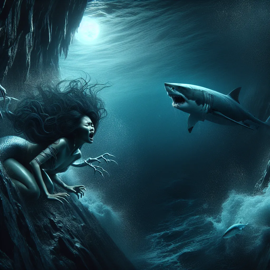 In the moonlit depths of the ocean, a mermaid struggles to free herself from a jagged crevasse, her hair becoming a noose around her gills. As her desperate cries echo through the water, a great white shark approaches, drawn to her distress. With no escape in sight, the mermaid's strength wanes, resigned to her fate. Just as the shark prepares to strike, darkness envelops her, granting her release from the ocean's merciless grip.