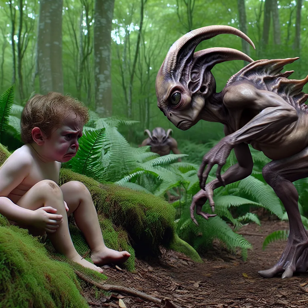 An Andalite child, transformed from a human, struggles to comprehend their new alien body in a dense forest setting. With stalk eyes, hooves, and a formidable tail blade, the child defends themselves against an approaching male Andalite, their pain and confusion merging into a glimpse of their instinctual nature. The tense moment passes as the child surveys their surroundings, still grappling with the terrifying reality of their transformation.