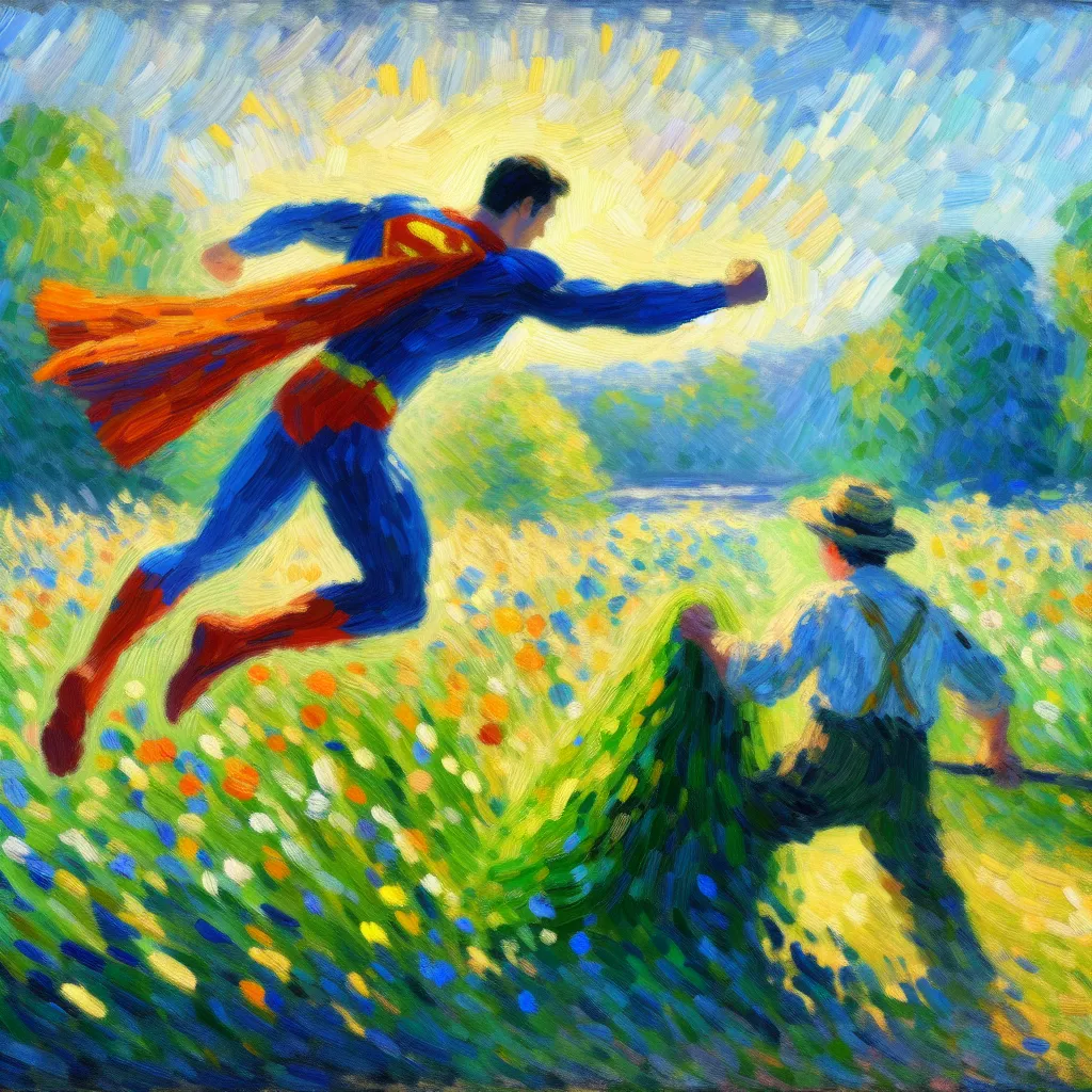 Transformation, Superhero, Distraction, Adventure, Thief in the style of Monet