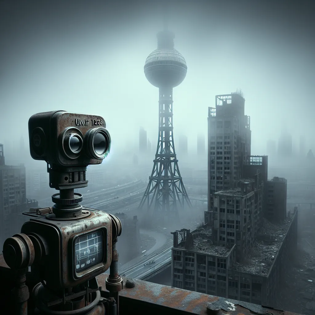 Image Description: A dystopian cityscape looms beneath a thick layer of smog, turning the sky a murky gray. The tallest building, the rusted High Tower, stands ominously in the background. In the foreground, an observer robot, Unit 1138, stands on an observation deck, its metallic frame reflecting the desolate surroundings. The robot's optical sensors are active, capturing the bleakness of the decaying metropolis. The image conjures a sense of abandonment, despair, and the inevitable demise of h