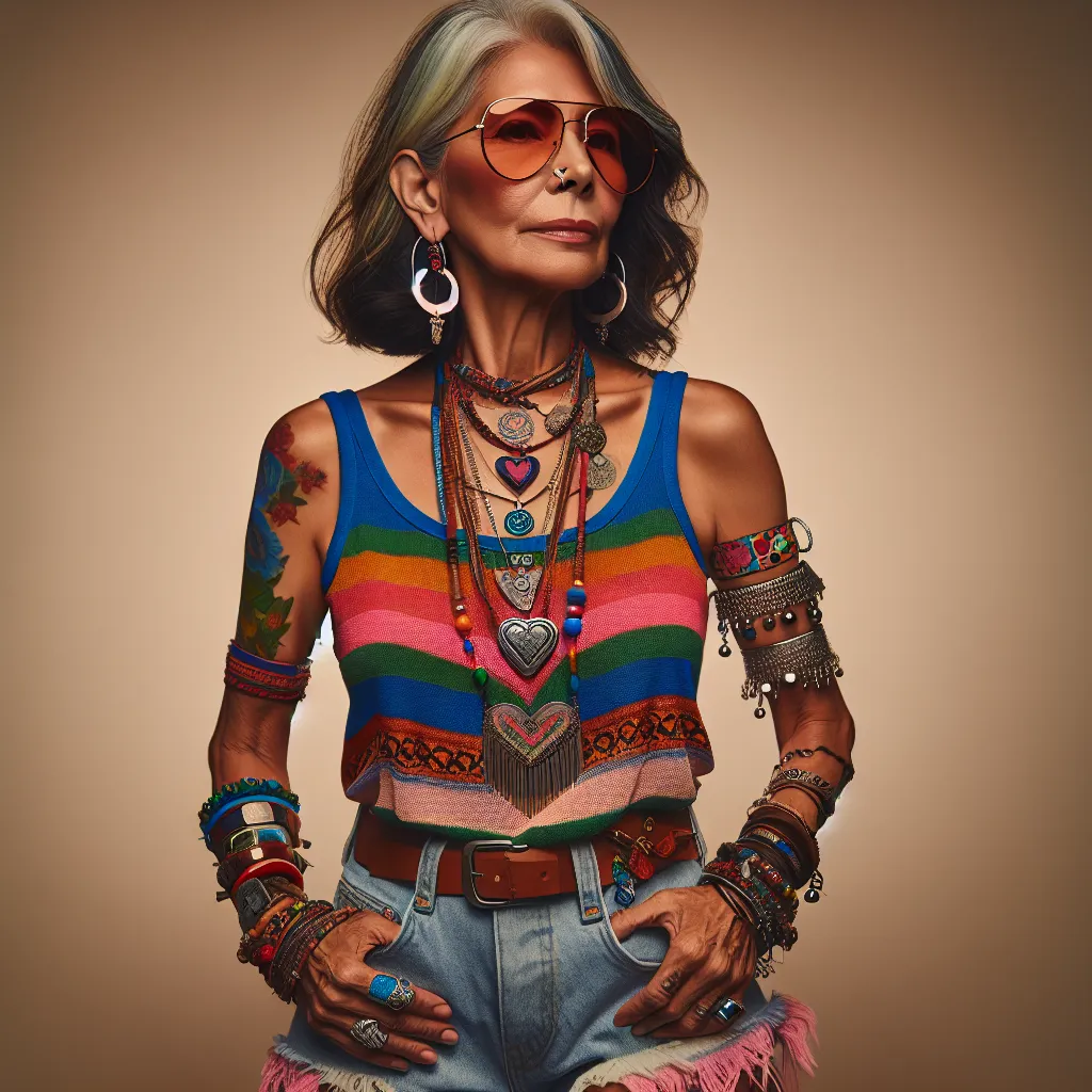 A vibrant image showing a mature woman named Carmen, who is dressed in a colorful tank top and frayed denim shorts. She wears oversized aviator sunglasses and sports various pieces of jewelry, including hoop earrings, a bracelet, a necklace with a heart-shaped pendant, a diamond stud in her nose, and an anklet with small bells. Carmen is confident and proud, representing a strong sense of identity and cultural heritage.