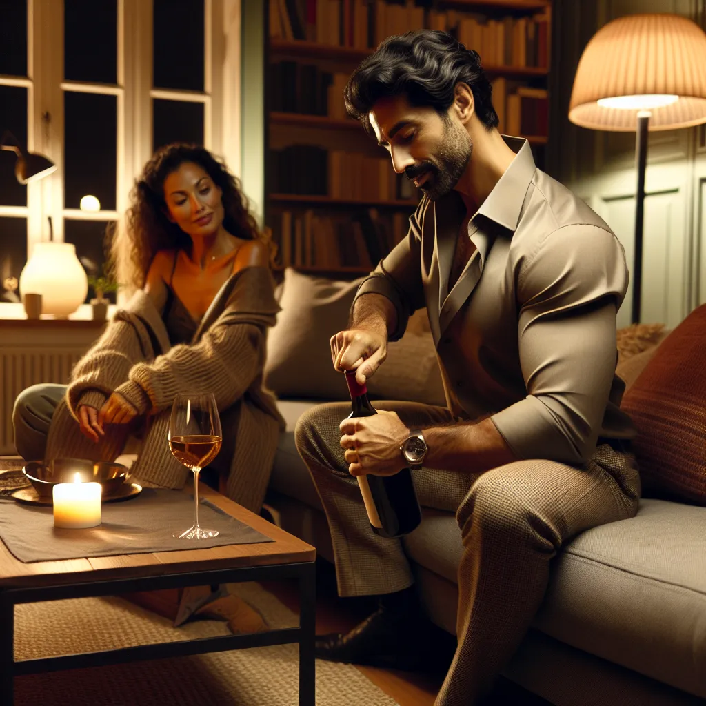 A man wrestles with uncorking a bottle of wine in a softly lit living room as a woman watches from the couch, both preparing to share a private moment together.