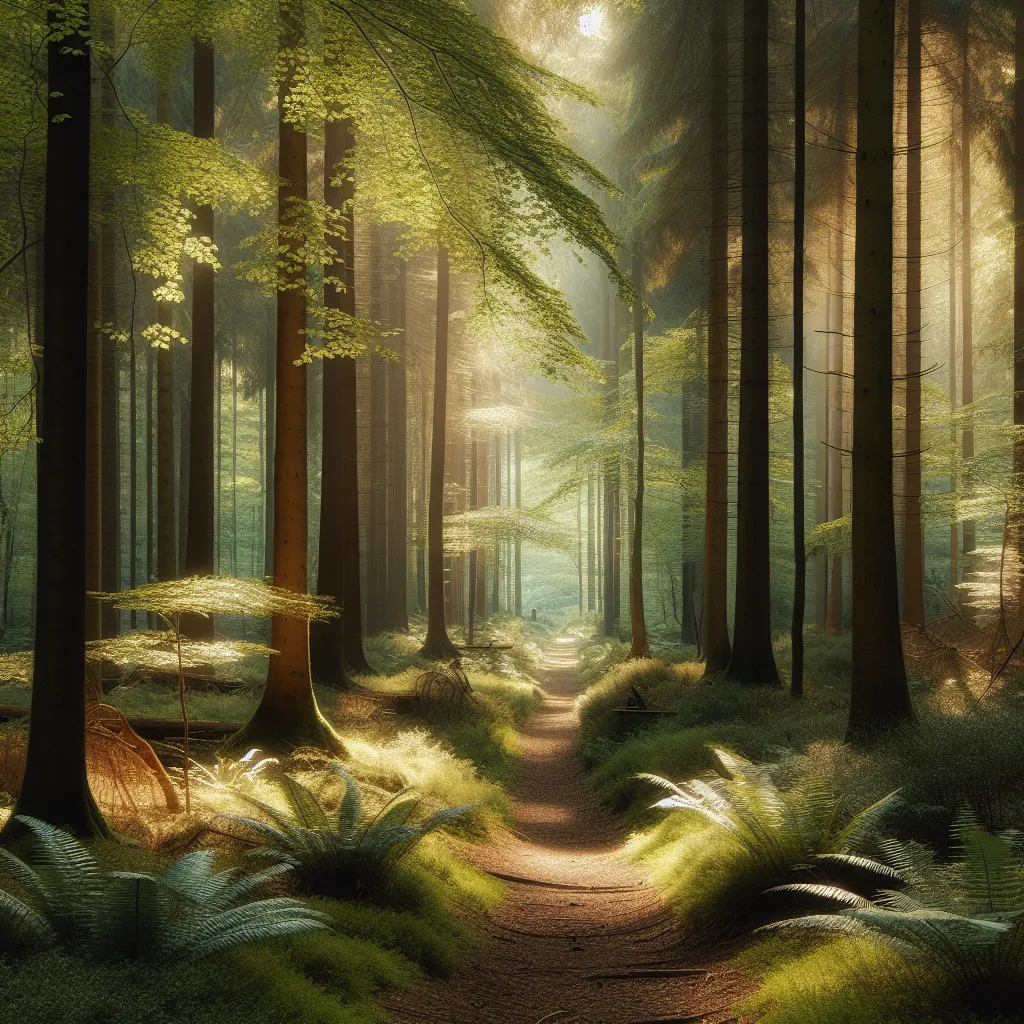 A photo of a serene forest trail surrounded by tall trees, with soft sunlight filtering through the leaves. The path leads deeper into the forest, inviting exploration and tranquility.