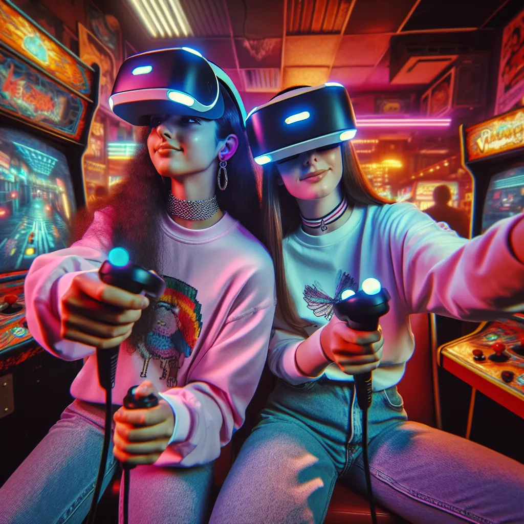 Description: "Under the neon lights of the bustling arcade, 16-year-old Angel and Gwen bond over playful competition in a virtual reality world, solidifying their interdimensional friendship and shared adventures."