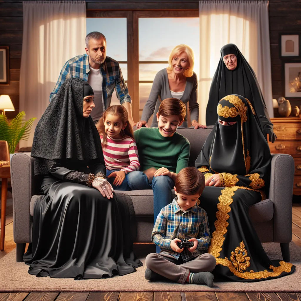 A visually diverse family sits in a living room, with a boy named Daniel and his Middle Eastern friend Leila playing with toys. The atmosphere changes when Leila's strict Muslim mother, Amira, enters the room wearing a black gown and niqab. Amira's disapproval leads to a confrontation, in which she scolds her daughter in Arabic. Determined to find a hidden remote control, Daniel transforms into a woman while searching Amira's belongings. The woman, now fully accepting her new identity, dresses i