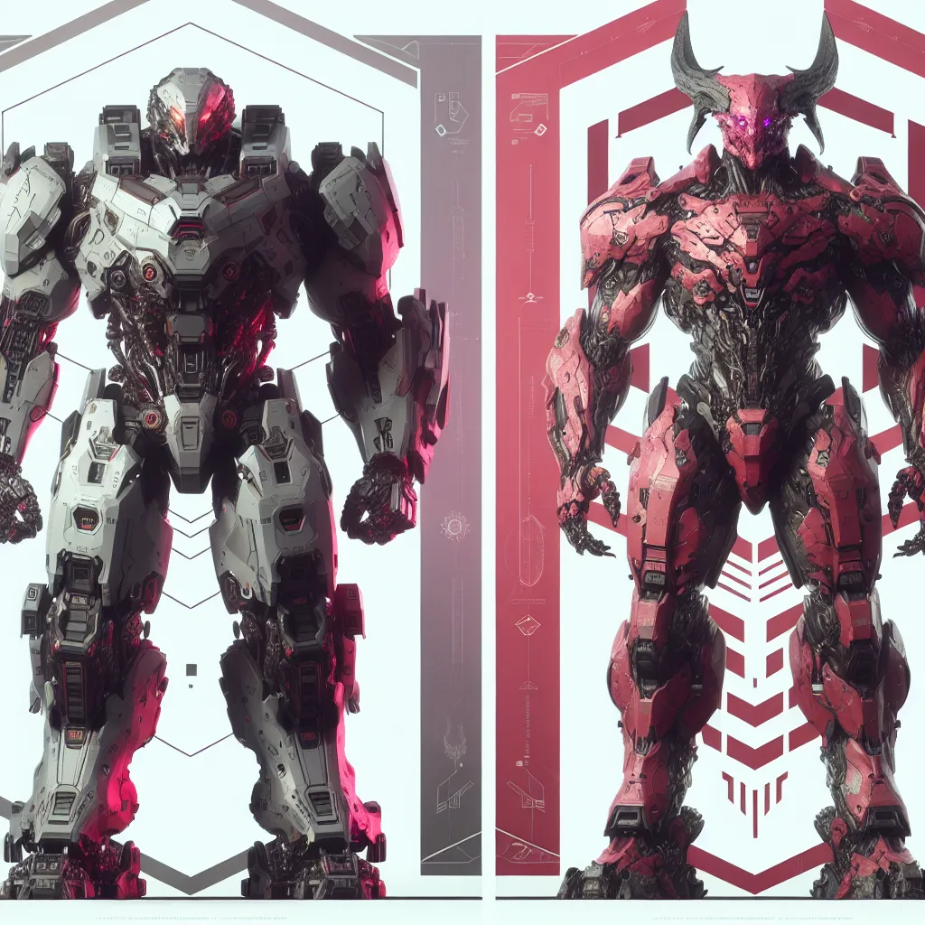 An image showing two towering Autobots, Dynamo and Torpedo Blast, standing confidently in front of the Autobot insignia. Dynamo, formerly Charlie Morningstar, has transformed into a colossal pink and gray robot with a masculine essence, while Torpedo Blast, formerly Alastor the Radio Demon, has transformed into a red and black armored bot with demonic horns. Both exude a sense of determination as they prepare for their next mission against the Decepticons.